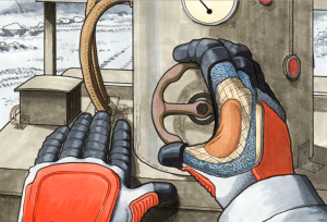 illustration of an astronaut's gloved hands turning a dial on a spaceship